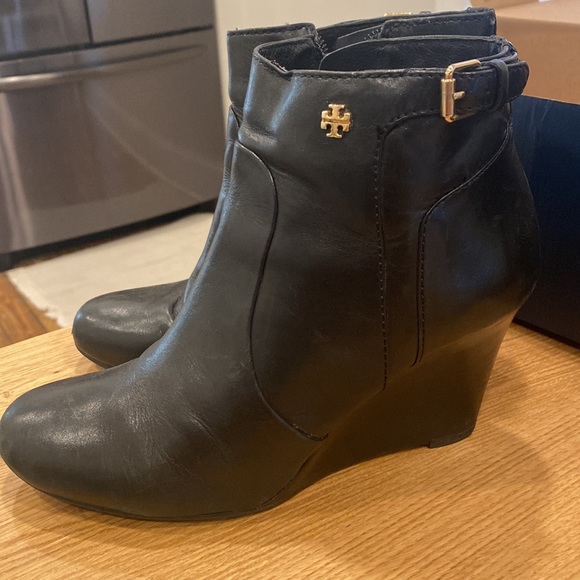 Tory Burch Black Leather Whipstitch Wedge Booties - Picture 2 of 6
